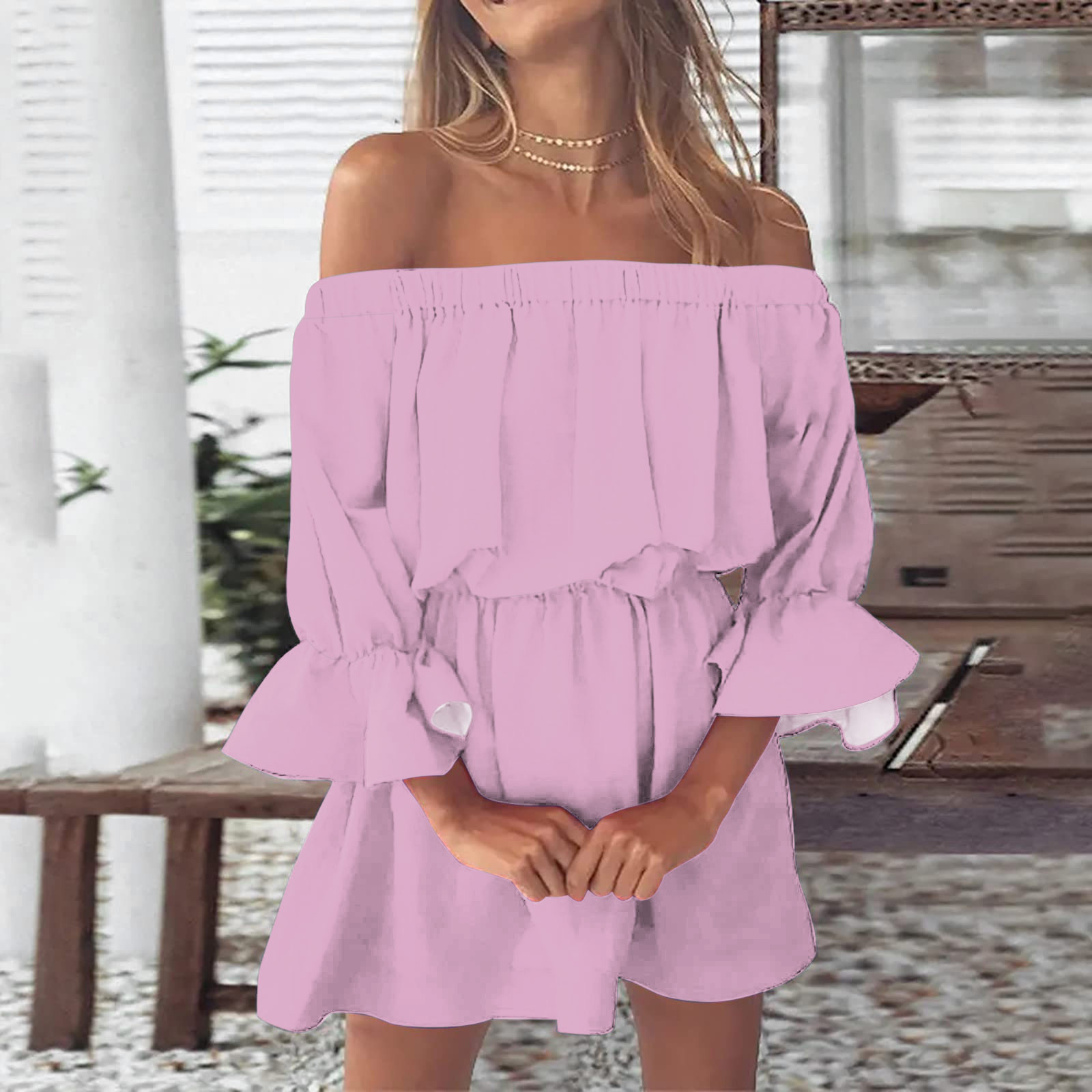 thumbnail image 2 of Mini vestido vintage con estampado, hombros descubiertos y mangas acampanadas para mujer: vestido informal y holgado de verano para la playa con diseño floral, tejido de poliéster, 2 of 5